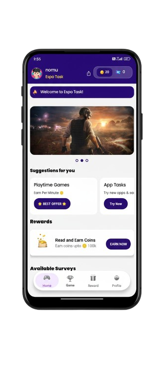EspoTask app preview showing reward interface